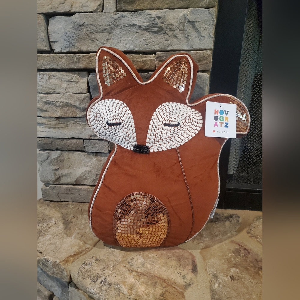Fun Fall Sequined Woodland Fox Pillow-NWT